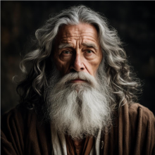 Мудрый, пожилой титан Кой с большими круглыми глазами, с длинными волнистыми волосами и длинной волнистой бородой