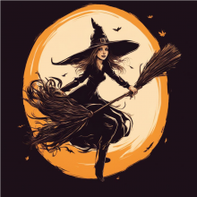 Ведьма летит на метле на фоне полной луны